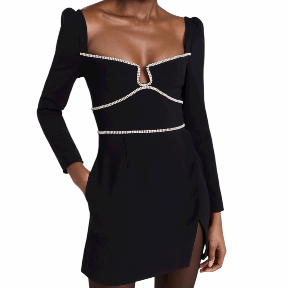 Self Portrait Black Crepe Diamante Detail Mini Dress, Size 8 - Picture 2 of 13